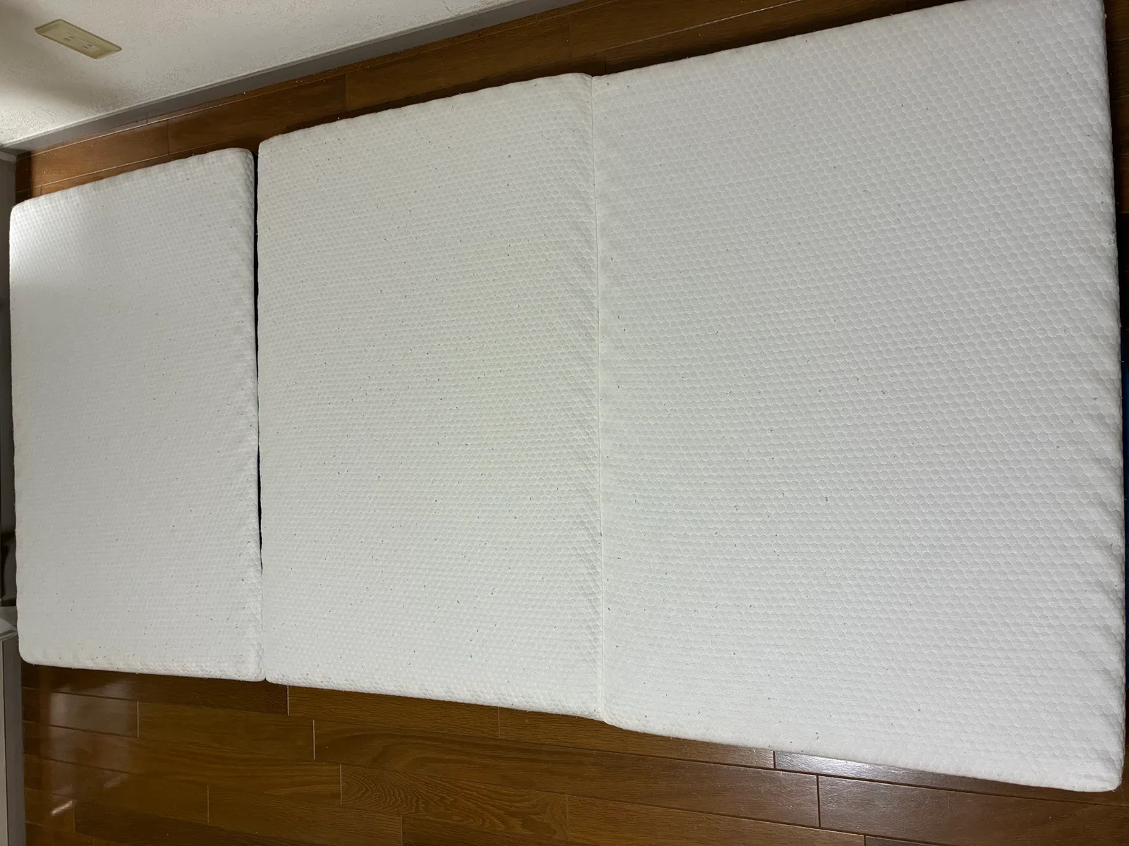 約5年9か月使用したエコラテ エリートを平らに敷いた全体像。三つ折りの3区画が見える。
